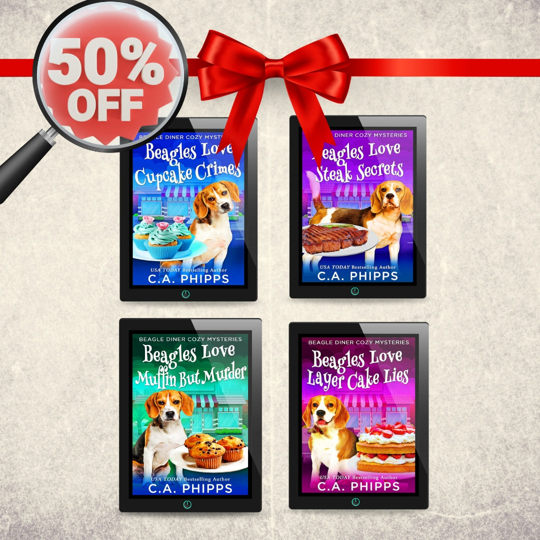 Four book covers of a Beagle-themed mystery series with a 50% off sale banner.