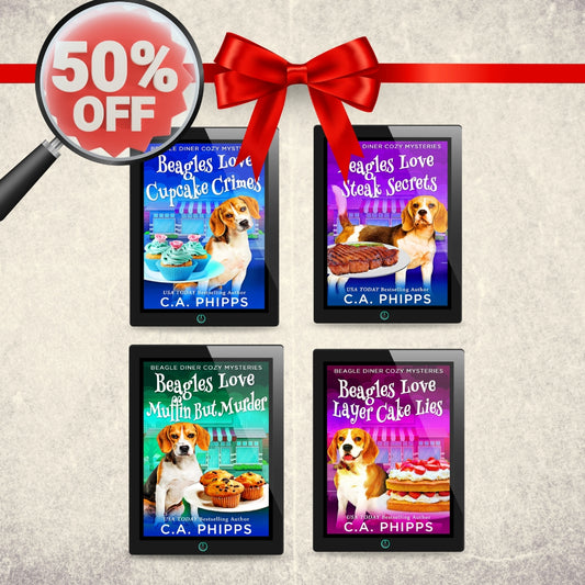 Four book covers of a Beagle-themed mystery series with a 50% off sale banner.