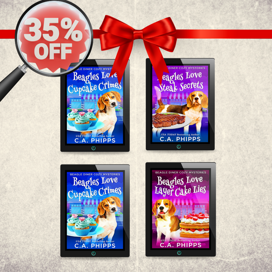 Four book covers of a series featuring beagles with a red ribbon and ‘35% Off' sign on a textured background.